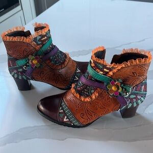 Socofy Ankle Boots, Tooled Leather Tapastry Fabric Size 40